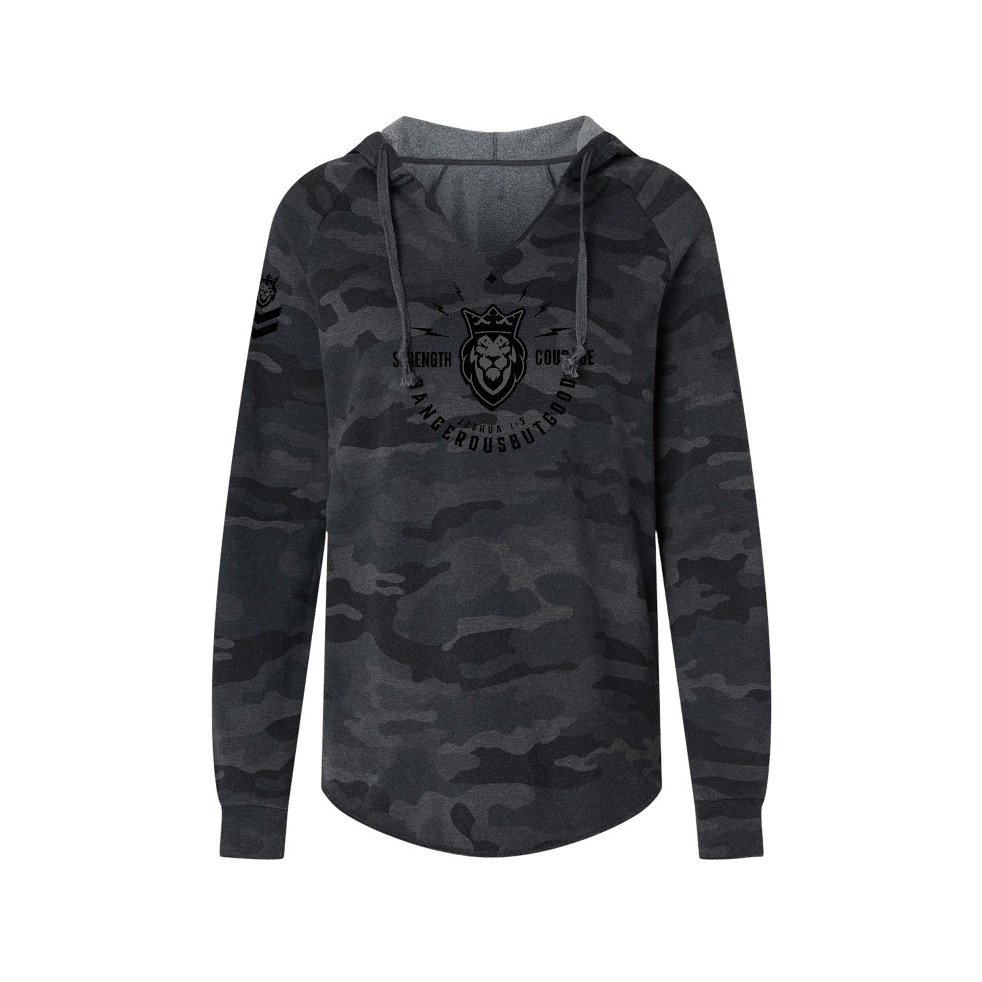 Strength & Courage Ladies Hoodie Strength & Courage Ladies Hoodie - Black Camo / Small - Dangerous But Good